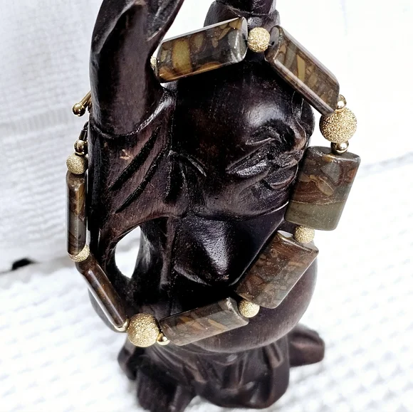 Vintage 14KGP Gold and Brown Jasper Gemstone Beaded Bracelet - Picture 12 of 15